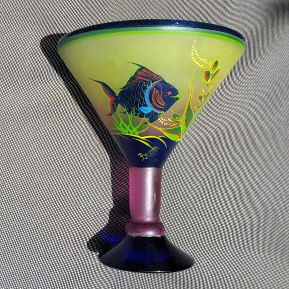 Tropical Vintage Blown Glass Martini Vase with Hand Painted Angel Fish Seascape - Picture 1 of 13